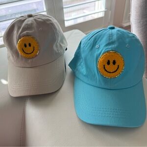 Set of 2 Smiley Face Baseball Caps in Blue and Gray
